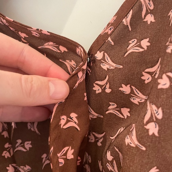 LUSH satin floral ruched Dress Womens Small Midi Asymmetrical Cut Out Back Brown - Picture 13 of 13